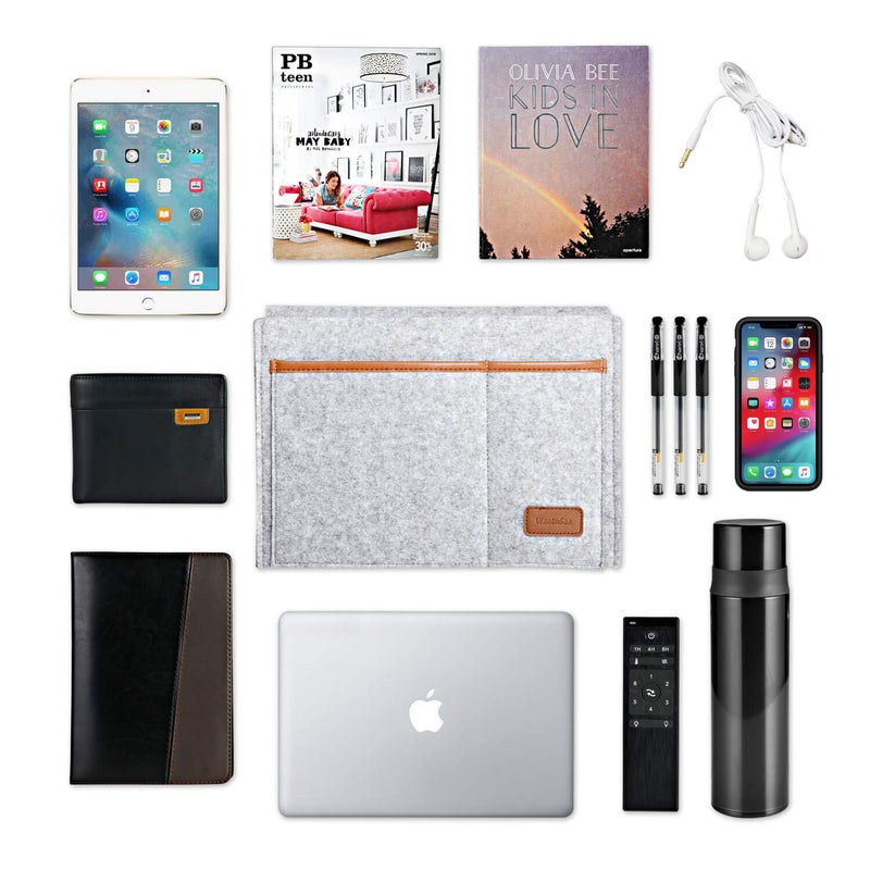 WantuSee Bedside Caddy  Felt Bed Storage Organizer Hanging Bag Holder with 5 Pockets  Magazine Book Phone Tablet iPad Cables Remote and Water Bottle Holder for Home Dorm Bed Sofa  Light Gray - Image 5